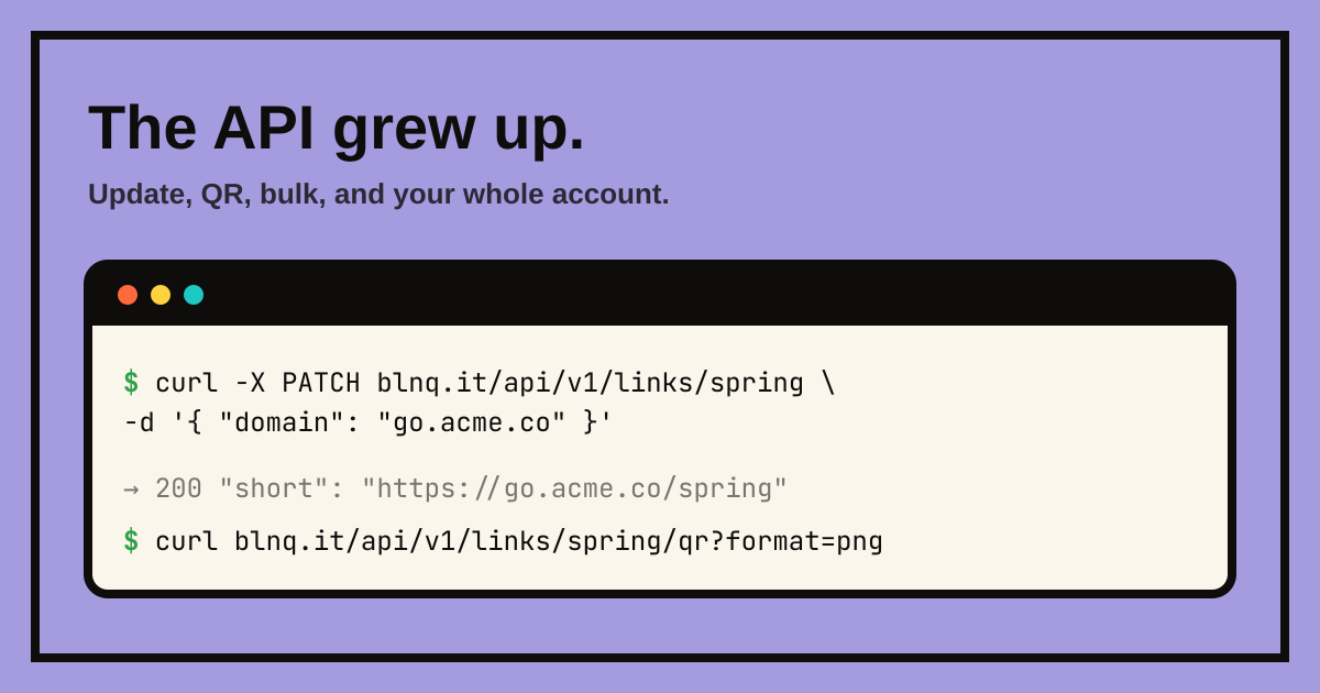 A terminal window showing a curl PATCH request on a lilac background