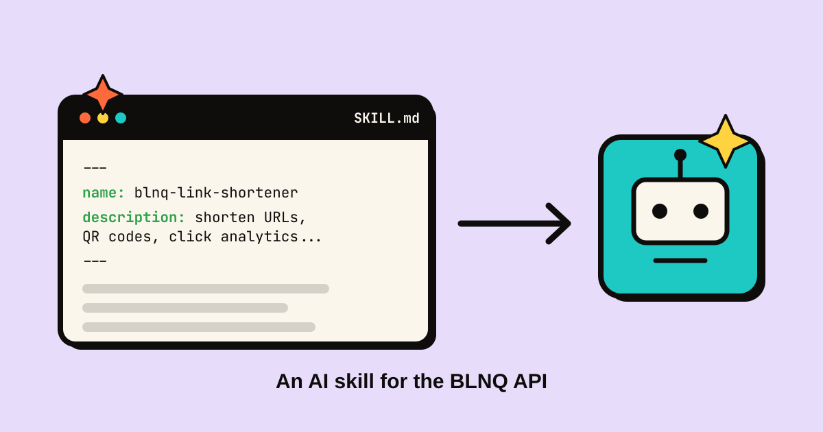A SKILL.md file being handed to a cyan robot on a lilac background